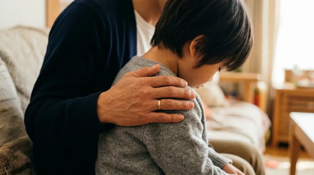 calm reassuring touch during child meltdown