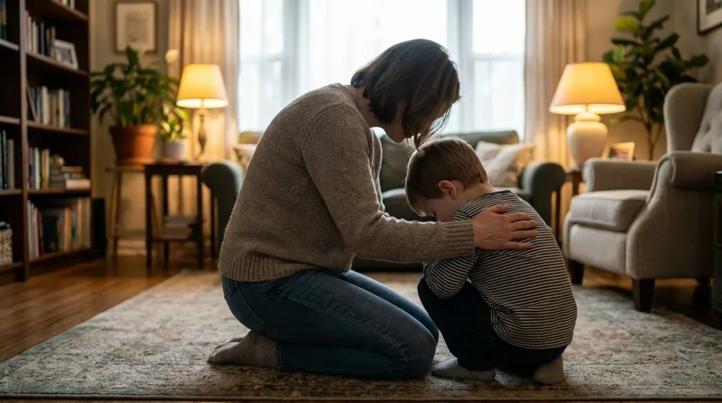 parent calmly supporting child during a hard emotional moment